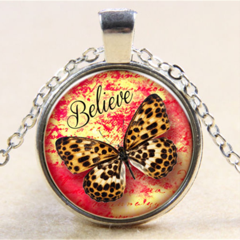 Silver Butterfly Believe Cabochon Pendant Necklace 20$